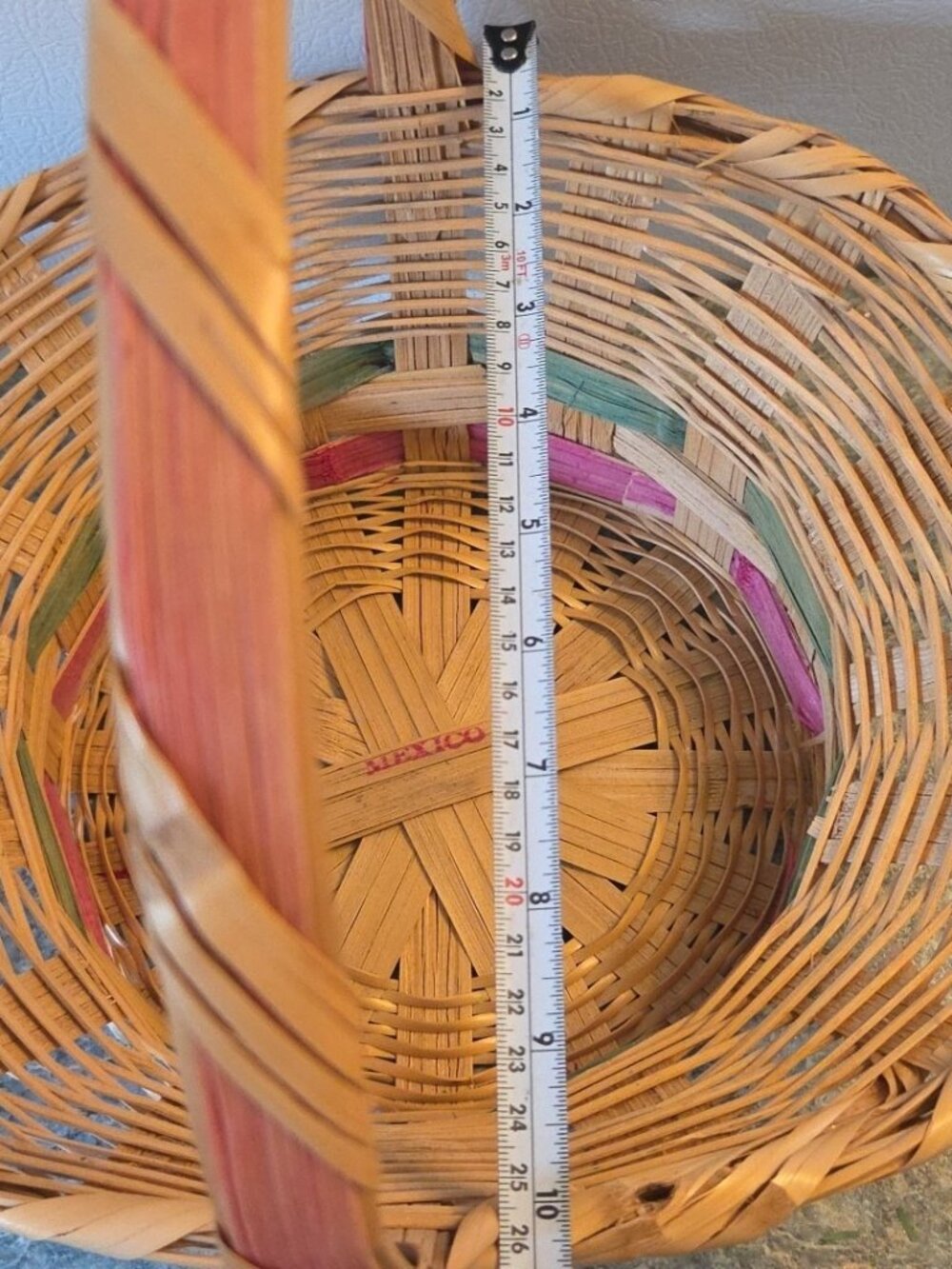 Vintage Easter Bonnet Basket Woven Wicker Pink and Green Bands Mexico - Picture 10 of 12